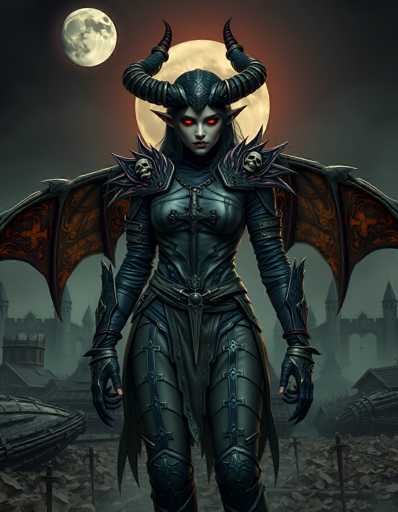 The image depicts a striking female character, likely from a video game or animated series, set against a dark, gothic backdrop. She stands in the foreground, clad in intricate black leather armor that covers her entire body, including her gloves and boots. Her ensemble is adorned with numerous crosses, spikes, and skull motifs, particularly on her shoulder pads and forearm guards. Her head is crowned with a helmet featuring prominent, curved horns that extend upwards and outwards. Her eyes are glowing red, adding to her menacing appearance. She has long black hair and pointed ears, enhancing her demonic look. Behind her, a large, yellowish moon looms in the sky, partially obscured by her head, casting an eerie glow. The background reveals a ruined cityscape with scattered debris, including what appears to be a shipwreck and a castle, all shrouded in darkness. The overall scene is steeped in a gothic, horror atmosphere, emphasizing the character's sinister and powerful presence.