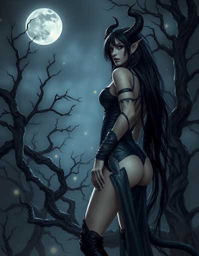 In this detailed fantasy illustration, a seductive female devil stands prominently in the foreground, her long, flowing black hair cascading down to her buttocks. She is adorned in a tight, black leather dress that accentuates her curves, with a tail extending from her back. Her devilish appearance is further emphasized by two large, curved horns protruding from her head and pointed ears. She gazes over her shoulder with a sly expression, her right hand resting on her hip. The background features a dark, eerie forest with two gnarled, leafless trees on either side of her, their branches reaching out like skeletal fingers. The night sky is a deep blue, illuminated by a full moon in the upper left corner, casting an ethereal glow over the scene. Scattered stars add to the mystical atmosphere, enhancing the overall dark and enchanting mood of the artwork.