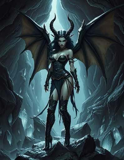 The image depicts a highly detailed, computer-generated fantasy character standing in a dark, cavernous setting. The central figure is a woman with long, flowing black hair and two prominent, curved horns protruding from her forehead. She is dressed in a revealing, black leather outfit that accentuates her large breasts and long legs, complemented by thigh-high boots with high heels. Her attire includes a corset-like top and a skirt that extends to her upper thigh, leaving her right leg bare. She also wears a leather strap around her left bicep and has a tail that extends from her back. The woman's wings, which are spread wide, are brown with black veins and have a slightly translucent appearance. The background features a bluish-gray rocky cave with jagged, crystal-like formations and a light source emanating from the top, casting a subtle glow on the scene. The overall color palette is dominated by shades of gray, blue, and black, enhancing the fantasy atmosphere of the image.