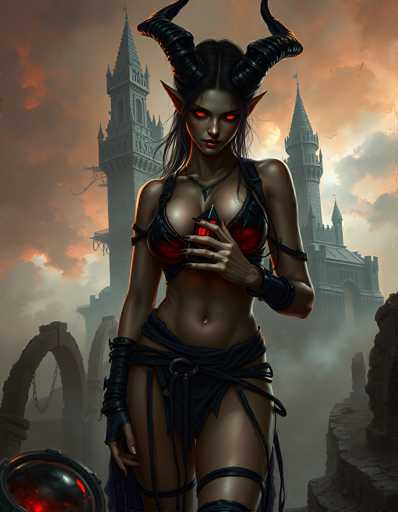 The image depicts a striking, computer-generated female character with dark skin and long, flowing black hair. She has large, pointed ears and two prominent black horns protruding from the sides of her head. Her eyes are a vivid red, and she wears a black and red bra that accentuates her ample chest. Her midriff is exposed, and she dons a black skirt with straps that wrap around her thighs. Black gloves cover her hands, and she holds a glowing red orb in her left hand. The background features a dark, ominous sky filled with clouds, and a grand, gray castle with multiple towers and spires. The castle appears to be in ruins, with a large archway on the left side and a chain hanging from it. The overall scene is set in a gothic, fantasy-like environment, with the character exuding an aura of power and mystery.