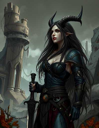 The image depicts a striking fantasy scene featuring a female character with distinct elven or demonic features. She has long, flowing black hair and large, pointed ears, complemented by two prominent black horns that curve backward from her forehead. Her attire is a form-fitting, dark blue leather outfit with intricate designs, including a chest plate and a skirt adorned with a red cloth. She also wears blue pants and a black belt with a gold buckle. The character's right hand, clad in a fingerless glove, holds a large sword pointed downward. 

In the background, a dark, ominous sky looms over a dilapidated castle on the left side of the image. The castle, constructed of brown stone, features a spiral tower with broken windows and a chain hanging from it. The scene is further accentuated by the presence of orange leaves in the bottom corners of the image, adding a touch of color to the otherwise muted palette. The overall atmosphere is one of ancient grandeur and dark fantasy, with the character standing as a formidable figure amidst the ruins.