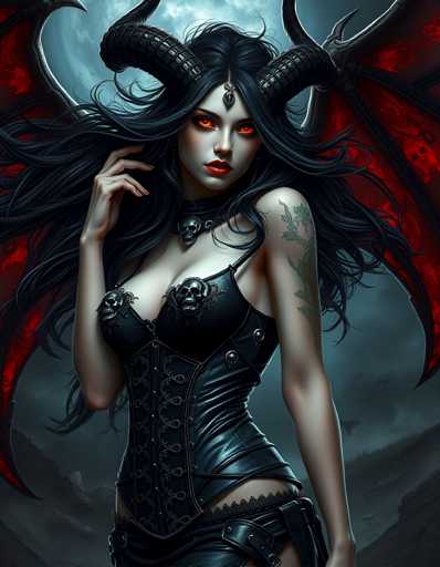 The image depicts a woman with long dark hair and red eyes wearing a black corset and headdress. She is standing against a backdrop of a stormy sky, which adds to the overall ominous atmosphere of the scene. The woman's position in front of the stormy sky suggests that she might be facing an impending danger or threat.