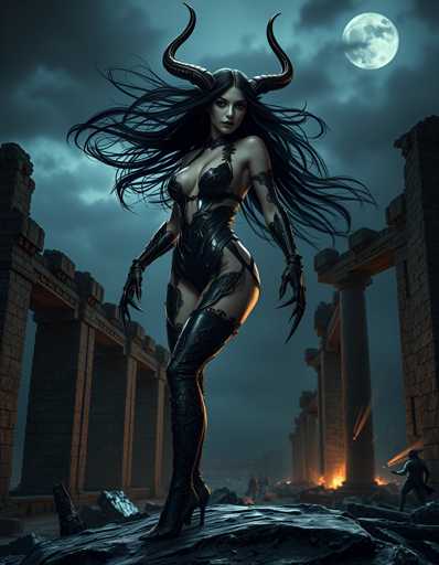 The image depicts a woman with long dark hair and horns standing on a rock formation, wearing a black outfit that includes boots and gloves. The background features a castle-like structure made of stone, with a full moon visible in the sky above it.