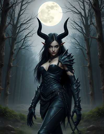A woman with long dark hair and a black dress stands in front of a full moon on the right side of the image. She is wearing a pair of pointed horned boots that match her outfit. The background features trees and bushes, creating an eerie atmosphere.