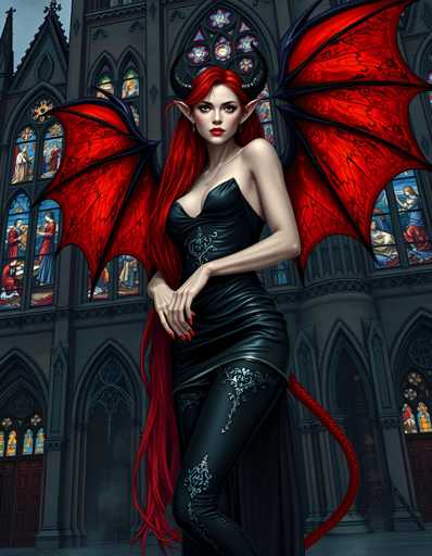 A woman with red hair and long eyelashes stands in front of a Gothic church, wearing a black dress and a red headdress adorned with wings. The church has stained glass windows that cast colorful light onto the scene.