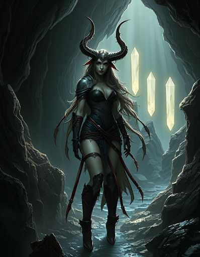 The image depicts a highly detailed, computer-generated fantasy scene set within a dark, cavernous environment. At the center stands a formidable female warrior, adorned in intricate black leather armor that includes a short skirt, chest plate, shoulder plates, and long gloves. She also wears knee-high boots with straps and a leather belt around her waist. Her long, flowing hair cascades down her back, and atop her head, she wears a helmet with two prominent, curved horns. The warrior's expression is stern and focused as she gazes directly at the viewer.

The cavern itself is dimly lit, with a narrow stream of water running along the bottom, reflecting the light that streams in from an opening at the top right of the image. This light creates a dramatic contrast against the dark, rocky walls of the cave. In the background, three large, glowing crystals are visible, adding an ethereal quality to the scene. The overall color palette is dominated by shades of gray, black, and blue, enhancing the mysterious and otherworldly atmosphere of the image.