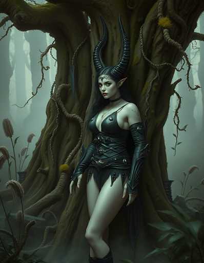 The image depicts a highly detailed, computer-generated fantasy character standing in a dense, foggy forest. The central figure is a woman with long, dark hair, adorned with large, curved black horns that extend from her forehead to the top of her head. She has pointed ears, reminiscent of an elf, and wears a black leather corset with intricate straps and buckles, complemented by matching leather arm guards. Her attire is minimal, revealing her legs, and she appears to be wearing black boots. A necklace with a prominent pendant hangs around her neck. The background features a massive, ancient tree with numerous branches and vines, surrounded by other trees and plants, creating a mystical and eerie atmosphere. The overall scene is shrouded in fog, adding to the enchanting and otherworldly feel of the image.