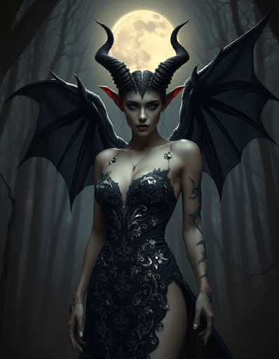 The image depicts a computer-generated, dark fantasy scene featuring a striking female character with devilish attributes. She stands in the center of a dense, shadowy forest, illuminated by a full moon that casts an eerie glow over the landscape. The character has long, pointed ears and two large, black, bat-like wings extending from her back. Her head is adorned with two prominent, curved horns that spiral upwards. She wears a revealing black dress with intricate gold floral patterns, which has a daring slit up the side of her leg. Her arms are covered in blue tattoos, and she sports a silver necklace. The overall color palette of the image is dominated by shades of black, gray, and white, enhancing the gothic and mysterious atmosphere.