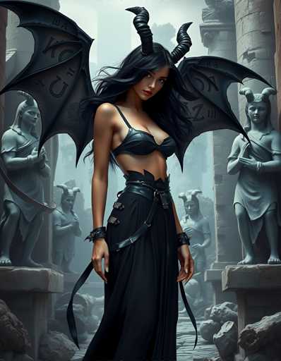 The image depicts a woman with long dark hair and large wings, dressed in a black dress adorned with a belt and multiple rings on her fingers. She stands in front of a group of statues, including one holding a sword and another holding a shield. The background is shrouded in darkness, creating an atmosphere of mystery and intrigue.