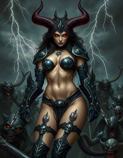 The image depicts a woman with red eyes and horns standing in front of a group of dark-skinned creatures with horns and tails. The creatures appear to be fighting each other or engaging in some sort of battle. The background is dark and stormy, adding to the ominous atmosphere of the scene.