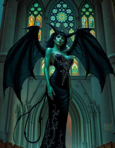 The image depicts a striking, computer-generated scene set inside a dimly lit, gothic-style church. Dominating the foreground is a tall, green-skinned woman with long black hair and bangs, adorned with large, curved black horns. She is dressed in a sleek, black strapless gown that accentuates her curvaceous figure, featuring intricate white floral patterns down the front and sides. Her gown extends to the floor, with a long train trailing behind her. She has large, black bat wings spread out on either side of her, and a long, black tail that curls down to the ground. The woman's expression is serious, and she gazes slightly to the right. Behind her, the church's interior is characterized by tall, gray stone walls, a large arched doorway, and a series of stained glass windows. These windows depict various biblical scenes, including figures in robes and angels, with one window featuring a radiant sun at its center. The overall atmosphere is dark and mysterious, with the church's architectural details and the woman's imposing presence creating a hauntingly beautiful tableau.