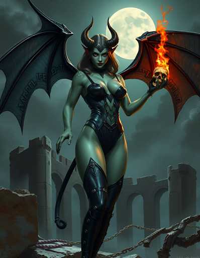 A digital painting of a dark, alluring succubus-like figure standing in front of a crumbling stone castle under a full moon. The figure has pale green skin, long dark hair adorned with horns, and wears a black leather bodysuit. She holds a flaming skull in one hand and has large, bat-like wings with fiery red edges. Her expression is seductive and mysterious, with piercing green eyes. The background features a dark, stormy sky and the ruins of an ancient castle, suggesting a fantasy or gothic setting. The overall color palette is dark and moody, with highlights of red from the flames and the moon's glow.
