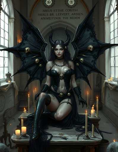 The image depicts a striking, computer-generated scene of a woman with devilish features, seated on a wooden table adorned with numerous lit candles. She has long, dark hair cascading down her shoulders and is dressed in a revealing black outfit that includes a corset, garter, and thigh-high boots. Her attire is accentuated by a chain draped around her neck and another encircling her waist. The woman's ensemble is completed with black gloves, and she sports a pair of imposing bat wings adorned with skulls at the joints. Her devilish appearance is further emphasized by two large, curved horns protruding from her head. The background features a grand, cathedral-like setting with large windows and an archway, adding to the dramatic atmosphere. Above her, there is a sign with text in a foreign language, possibly reading "Aureus Stithi Corith," though the exact wording is unclear. The overall scene is a blend of gothic and fantasy elements, creating a visually captivating and mysterious image.