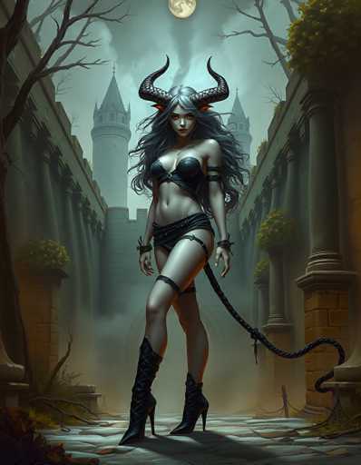 The image depicts a highly detailed, computer-generated scene of a seductive female devil character standing in a medieval castle courtyard. The character has long, flowing black hair and striking red eyes, with large, curved black horns protruding from her head. She is dressed in a revealing black leather outfit that includes a bra-like top, a short skirt, and thigh-high boots with high heels. A black tail extends from her back, adding to her devilish appearance. The courtyard is flanked by tall stone buildings with columns, some adorned with green plants. In the background, a gray castle with a prominent tower looms under a cloudy sky, illuminated by the moon. The overall atmosphere is dark and mysterious, with the character exuding a sense of allure and power.