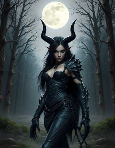 The image depicts a striking, computer-generated scene of a woman standing in a foggy, eerie forest. The background is dominated by tall, leafless trees with brown trunks, creating a haunting atmosphere. The ground is covered in green grass, and the air is thick with fog, adding to the mysterious ambiance. 

At the center of the image stands a woman with long, flowing black hair that cascades down to her waist. She has a pale complexion and intense blue eyes that gaze directly at the viewer. Her most distinctive features are the black, curved horns protruding from the sides of her head, and the pointed ears that jut out prominently. She wears a black leather outfit that accentuates her chest and includes spiky shoulder pads and arm guards, giving her a formidable appearance. A chain drapes from her belt, adding to her imposing presence.

Above her head, the full moon casts a soft glow, illuminating her face and horns. The moon's surface is detailed with visible craters, enhancing the otherworldly feel of the scene. The overall color palette of the image is muted, with shades of black, gray, and green, contributing to the dark and mysterious mood.