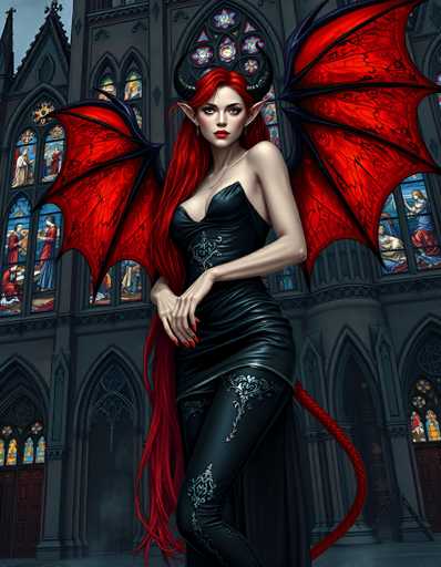 The image depicts a striking, computer-generated scene of a devilish woman standing in front of a grand, dark gray cathedral adorned with numerous stained glass windows. The cathedral's windows feature vibrant depictions of biblical figures, including a woman in a red dress and a man in a blue dress, as well as scenes of people praying and angels. The woman in the foreground has long, flowing red hair cascading down to her feet and is dressed in a sleek, black leather dress with matching leggings. Her attire is accentuated by a silver belt buckle and a silver necklace. She has large, pointed ears, black ram-like horns, and red, translucent wings with black veins. Her long, red fingernails and a red tail further emphasize her demonic appearance. The overall atmosphere is dark and gothic, with the woman's intense gaze directed straight at the viewer.