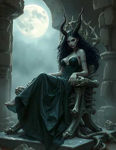 In this detailed fantasy illustration, a seductive woman with long, flowing black hair and striking red eyes sits on a throne made entirely of animal bones, including rib cages and leg bones. She wears a dark green, strapless dress that accentuates her large breasts and long, bare legs, with one foot playfully crossed over the other. Her horns, black and curling upwards, add to her devilish allure. The throne rests on a stone platform, surrounded by ancient stone columns, with a large, glowing full moon casting an eerie light through the scene. The background is shrouded in fog, enhancing the mystical and haunting atmosphere of the image.
