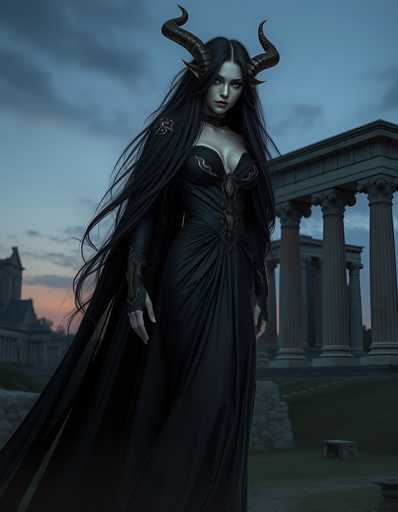 A woman with long dark hair and horns is standing in front of a temple at dusk. She is wearing a black dress that reaches down to her knees, and the temple behind her has columns and a pediment. The sky above them is filled with clouds, creating an atmospheric backdrop for the scene.