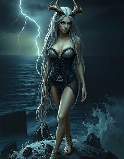 The image depicts a striking, computer-generated scene of a woman standing on a rocky outcrop in the middle of a turbulent ocean. The woman, who has long, flowing gray hair cascading down to her knees, is adorned with gold, curved horns that extend from the sides of her head. Her eyes are a mesmerizing golden yellow, and she wears a revealing black corset with intricate gold accents, paired with black lace shorts. Her feet are clad in open-toed sandals, and her long, slender legs are crossed as she gazes directly at the viewer. The background is a dramatic tableau of dark, stormy clouds with lightning bolts striking down from the top left corner, illuminating the rough, choppy waters below. The overall color palette is dominated by deep blues and grays, enhancing the ominous and mystical atmosphere of the scene.