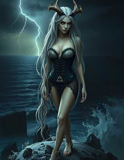 A woman with long blonde hair and a corset is standing on a rock by the ocean, wearing a gold headdress and holding a sword.