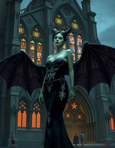 The image depicts a striking scene set against a dark, cloudy sky, featuring a tall, gothic-style church with intricate stained glass windows in shades of orange, red, green, and yellow. The church's grand entrance is marked by a large wooden door topped with a prominent yellow star. In the foreground stands a tall, pale-skinned woman with a greenish tint to her skin, adorned in a black, strapless gown embellished with silver and blue jewels. Her dress is form-fitting, accentuating her cleavage, and features a chain around her waist. She has black, pointed horns protruding from her head and large, dark purple wings with black veins extending from her back. Her lips are painted a vivid red, and she gazes directly at the viewer. Surrounding her are several people: a woman in a black dress looking up at her, a man in a blue shirt and white pants walking towards the church, and another man in a gray suit standing near the entrance. The overall atmosphere is eerie and mysterious, with the church's stained glass windows casting an orange glow that contrasts with the dark, cloudy sky.