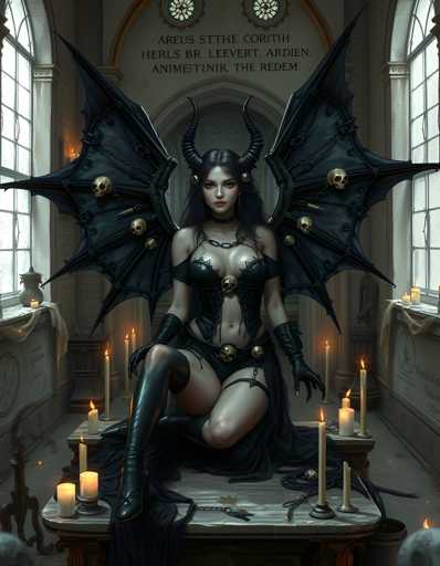 A woman with black wings and a black dress is seated at a table covered in candles and other objects, possibly associated with a witch's ritual or ceremony. The room has large windows that allow natural light to illuminate the scene, creating an atmosphere of mystery and intrigue.