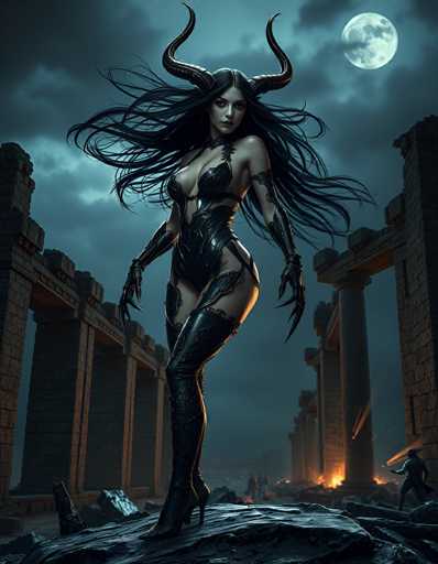 A dark, dramatic fantasy illustration of a powerful, horned woman in a black, ornate outfit standing amidst ruins under a stormy sky. The woman has long, flowing black hair with sharp horns and piercing eyes, wearing a body-hugging outfit adorned with intricate details. She stands on a rocky surface amidst crumbling stone structures, with a full moon partially visible in the dark sky. In the background, shadowy figures can be seen amidst the ruins, and a fiery glow emanates from a distant source. The overall mood is one of power, mystery, and perhaps a touch of darkness or fantasy.
