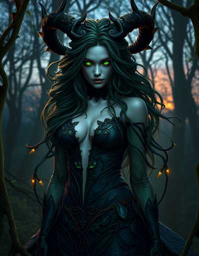 The image depicts a computer-generated, fantasy character of a woman with long, wavy, dark green hair that appears to be flowing in the wind. She has striking, glowing green eyes and a pale complexion. Her face is adorned with red lipstick, and she wears a black choker around her neck. The woman is dressed in an elaborate, dark green and black gown that features intricate leaf patterns and a deep V-neckline, revealing her cleavage. The dress is form-fitting and extends into a flowing skirt. She also wears long, green gloves that reach up to her elbows. On her head, she has two large, curved horns that resemble those of a ram or goat, adding to her mystical appearance. The background is a dark, shadowy forest with bare trees, and the sky is tinged with orange and yellow hues, suggesting either a sunrise or sunset. The overall scene is shrouded in darkness, enhancing the eerie and enchanting atmosphere surrounding the character.