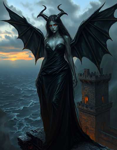 A woman with long dark hair and large wings stands on a cliff overlooking the ocean at sunset. She is wearing a black dress that contrasts with her surroundings. The sky above her is painted in shades of orange and pink, indicating the setting sun. In the background, there is a castle-like structure made of stone, adding to the eerie atmosphere of the scene.