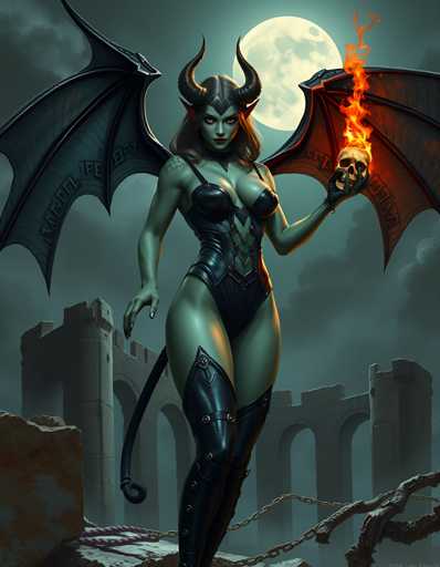 A woman with green skin and wings stands on a cliff overlooking a castle under a full moon. She is wearing a black outfit that includes a corset and boots, and she holds a burning torch in her right hand while a skull rests in her left hand.