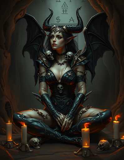 The image depicts a highly detailed, computer-generated illustration of a seductive demoness seated in a cave. The background is a dark gray, with the cave walls appearing brown and textured. The demoness is positioned centrally, sitting cross-legged on the ground with her hands clasped between her knees. She is adorned in a revealing black leather outfit that includes a bustier, garter belt, and thigh-high boots. Her attire is accentuated with gold jewelry, including a necklace with a skull pendant and shoulder pads that feature skull motifs. She has long, dark hair and striking black horns that curve upwards from her forehead, complemented by pointed ears. Her wings are black and spread out behind her. The cave floor is scattered with lit candles and small skulls, adding to the eerie ambiance. Behind her, a wall is adorned with various mystical symbols, including a dollar sign, an upside-down triangle with a cross, and other enigmatic markings. The overall scene is rich in dark, gothic elements, creating a powerful and captivating image.