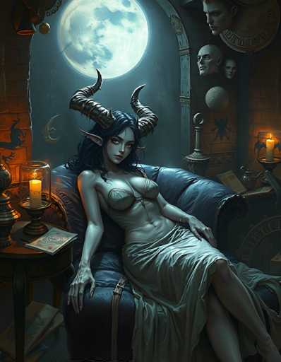 The image depicts a seductive, devilish woman with long, dark hair and large, pointy ears. She has two curved, brown horns emerging from the sides of her head, adding to her demonic appearance. She is dressed in a revealing, white dress that exposes her breasts and stomach, and she is seated on a blue couch. The scene is set at night, illuminated by a large, full moon that casts a bluish glow over the room. The background features a brick wall adorned with various objects, including a chalice holding a lit candle, a book, and a small statue. Additionally, there are several human heads hanging on the wall, contributing to the eerie atmosphere. The overall setting exudes a dark, mysterious, and somewhat sinister vibe.