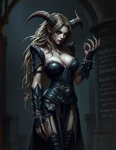 The image portrays a highly detailed, computer-generated fantasy character of a female devil or demon. She has long, wavy blonde hair cascading down her back and strikingly long, pointed ears. Her face is adorned with heavy makeup, including dark eyeshadow, blush, and red lipstick. Emerging from the sides of her head are two large, curved brown horns. She is dressed in a revealing black leather outfit that includes a corset, gloves, and boots, with a low-cut neckline that exposes her cleavage. Her ensemble is accentuated by a large belt with a prominent buckle. The character's pose is dynamic, with her left hand raised and fingers curled, showcasing her long, sharp fingernails. She stands in front of a grand, ornate building with columns and arches, adding to the majestic and otherworldly atmosphere of the scene.
