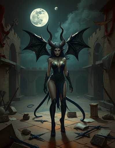 In this detailed digital artwork, a striking female devil character stands prominently in the center of a dilapidated castle courtyard. The scene is set under a night sky, illuminated by a large, glowing full moon and a smaller moon in the background. The courtyard is littered with debris, including scattered books, broken swords, and other weapons, adding to the chaotic atmosphere.

The devil woman is depicted with long, flowing black hair and two large, menacing black horns protruding from her head. She has large, black bat-like wings extending from her back. Her attire is a revealing black leather outfit that accentuates her curvaceous figure, complete with long gloves that reach up to her biceps and thigh-high boots. A long tail extends from her back, further emphasizing her demonic nature.

The castle itself is constructed of brown stone, with visible signs of disrepair and decay. The courtyard features a mix of orange and brown tiles, enhancing the overall dark and eerie ambiance of the scene. The character's direct gaze at the viewer adds a sense of intensity and engagement to the artwork.