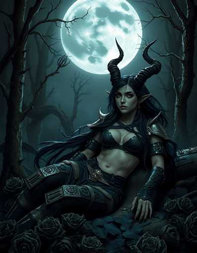 The image depicts a highly detailed, computer-generated fantasy character set against a dark, eerie forest backdrop. The central figure is a female with long, flowing black hair and strikingly large, pointed ears reminiscent of elven or demonic features. She has two prominent, curved horns extending from her head, adding to her otherworldly appearance. Her attire is a combination of a black bra and matching pants, both adorned with intricate metal straps and buckles, giving her a warrior-like aesthetic. She also wears black gloves and metallic armor pieces on her shoulders and legs, enhancing her formidable look. The character's expression is serious, and she gazes directly at the viewer. Surrounding her are dark, lifeless trees and a ground covered in black roses and leaves, contributing to the overall gothic and mystical atmosphere. The scene is illuminated by a large, full moon, casting a pale blue light over the entire setting, which further accentuates the dark and mysterious aura of the image.