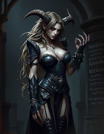 A woman with blonde hair and long bangs is depicted as a witch standing in front of a tombstone. She is wearing a black dress adorned with gold accents and has large horns on her head. The tombstone behind her bears the inscription "Neriders will be buried here".