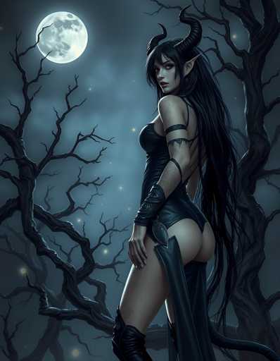 The image depicts a woman with long dark hair and horns standing in front of a full moon. She is dressed in black attire that includes a skirt and boots. The background features trees and bushes, creating an eerie atmosphere.
