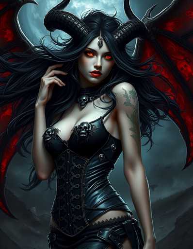 The image depicts a striking, computer-generated female character with a devilish appearance. She has long, flowing black hair and piercing red eyes that glow ominously. Her skin is pale, accentuated by bright red lipstick. Two large, black ram-like horns protrude from the sides of her head, adding to her menacing look. She is dressed in a black leather corset with skull decorations on the bust area, and a matching leather skirt. A black leather belt with a pouch hangs from her left hip. Her right arm is adorned with a green floral tattoo, and her right hand is raised near her face, with her fingers touching her hair. She has large, red wings with black veins and skull designs, extending from her back. The background features a dark, cloudy sky with a full moon, enhancing the eerie and sinister atmosphere of the scene.