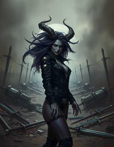 The image depicts a striking, computer-generated female character with long, flowing black hair and two prominent, curved horns protruding from her head. She is dressed in a black leather jacket adorned with two skull decorations on the shoulder, paired with tight black pants. Her skin is a grayish-blue hue, and she has a serious, almost menacing expression on her face. The background features a dark, cloudy sky with a full moon partially obscured by clouds, casting a dim light over the scene. Surrounding her are numerous swords and spears scattered on the ground, with some leaning against tall, pointed poles connected by chains. The overall atmosphere is eerie and foreboding, with the character standing confidently amidst the chaotic weaponry.
