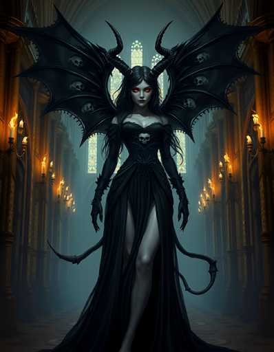 The image depicts a striking, computer-generated scene of a devilish woman standing in the center of a grand, cathedral-like hallway. She has long, flowing black hair and piercing red eyes, with two large, curved black horns protruding from her head. Her attire is a revealing black dress adorned with a skull emblem on the chest, and it features a high slit that exposes her leg. The dress is complemented by black gloves that extend up to her biceps. She possesses large, bat-like black wings with skulls embedded in the middle of each wing, and a long, serpentine tail that curls behind her. The background is dimly lit, with tall, arched windows and numerous lit candles lining the walls, casting an eerie glow throughout the space. The overall atmosphere is dark and foreboding, emphasizing the sinister presence of the woman.