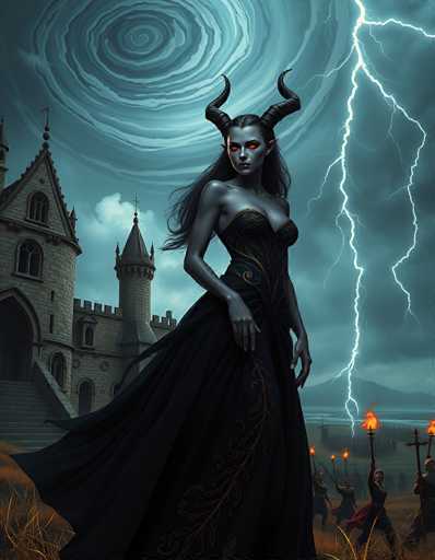 The image depicts a striking scene featuring a devilish woman with long black hair and glowing red eyes. She has two prominent horns protruding from the sides of her head and is dressed in a black gown adorned with intricate gold leaf patterns. Her skin is a grayish-blue hue, adding to her otherworldly appearance. The woman stands in a field of tall grass, with a castle looming in the background. Surrounding her are several figures holding torches, seemingly engaged in a ritual. The sky above is dark and stormy, filled with swirling clouds and lightning bolts, enhancing the ominous atmosphere of the scene.