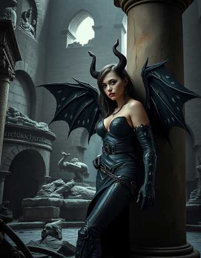 The image depicts a young woman with long, dark hair, adorned with black ram's horns that curve upwards and outwards. She is dressed in a sleek, black leather outfit that includes a corset top, gloves extending to her elbows, and a skirt. A chain is draped around her waist, adding to her gothic appearance. She has striking black wings with white diamond patterns on the inside, and her lips are painted a vivid red. The woman is leaning against a large, brown stone pillar in what appears to be a grand, ancient building. The background features a mix of gray and brown tones, with broken statues scattered on the floor and a statue of a man crouching with his arm raised. The setting is dimly lit, with light filtering through a broken window, enhancing the eerie and mysterious atmosphere.