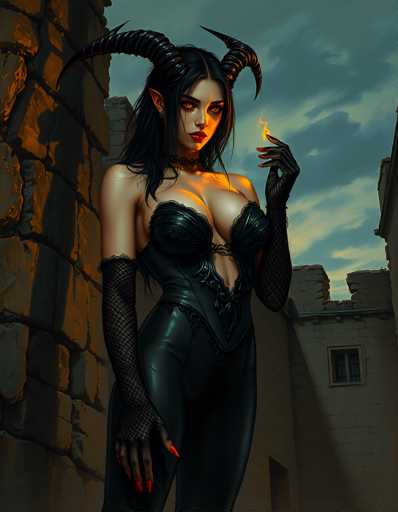 The image depicts a striking, computer-generated female character with distinct devilish features. She has long, flowing black hair and large, pointed ears, complemented by two prominent black horns that curve backward from her forehead. Her eyes are a mesmerizing golden color, and she wears bold red lipstick. The character is dressed in a tight, black leather outfit that accentuates her large breasts and long, slender legs. She also sports fishnet sleeves that extend from her elbows to her hands, which are adorned with long, red fingernails. In her left hand, she holds a small flame, adding to her mystical aura. The background features a stone building with a window and a doorway, set against a cloudy sky with hues of blue, gray, and white. The overall scene is dark and atmospheric, enhancing the character's imposing and enchanting presence.