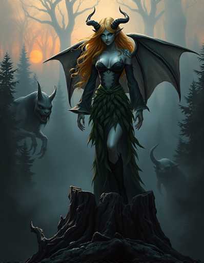 The image depicts a striking fantasy scene set in a dense, dark forest at sunset. At the center stands a female demon with long, flowing red hair and piercing blue eyes. She has two large, curved horns protruding from her head and is adorned with a black bra and a leafy green skirt. Her gray skin contrasts sharply with her black wings, which are spread wide behind her. She stands on a large, jagged tree stump, exuding an aura of power and mystery.

Flanking her on both sides are two smaller demons with curved horns, sharp teeth, and menacing eyes. These demons have gray skin and are positioned as if they are her companions or guardians. The forest around them is thick with tall trees, some of which are bare while others are covered in green leaves. The ground is shrouded in a thick fog, adding to the eerie atmosphere.

In the background, the setting sun casts a warm orange glow through the mist, creating a dramatic contrast with the dark, shadowy forest. The overall scene is rich in detail and color, blending shades of black, gray, green, orange, red, and blue to create a vivid and captivating fantasy landscape.
