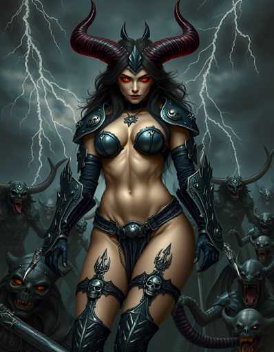 The image depicts a striking, computer-generated female character with a menacing presence. She has long, flowing black hair and piercing red eyes that seem to glow ominously. Her face is adorned with a silver headpiece featuring two prominent horns, and additional black horns extend from the sides of her head. She is clad in intricate armor that covers her shoulders and chest, leaving her midriff exposed. Her arms are protected by black gloves, and she wears a belt with a prominent buckle. Her legs are shielded by armor that extends from her thighs to her knees, each piece embellished with a skull design. In her right hand, she wields a weapon, adding to her formidable appearance. The background is dark and stormy, filled with lightning bolts that enhance the ominous atmosphere. Surrounding her are demonic creatures with horns, sharp teeth, and glowing red eyes, contributing to the overall sense of malevolence and chaos in the scene.