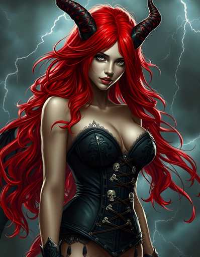 This image portrays a striking, computer-generated female character with long, flowing red hair and two prominent black horns adorned with red markings. She has a pale complexion, accentuated by her red lipstick and light blue eyes. The character is dressed in a revealing black corset, which features intricate skull designs and lacing that extends up to her chest. The corset is complemented by black gloves with silver trim, and she appears to be wearing black stockings. The background is a dramatic, stormy sky filled with dark gray clouds and multiple lightning bolts, adding to the intense and somewhat sinister atmosphere of the scene.