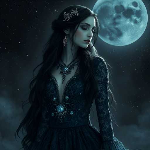 The image portrays a young woman, possibly in her late teens or early twenties, with long, dark brown hair styled in a half-up, half-down manner. She is adorned in an elaborate, dark blue or black dress featuring intricate lace details and a deep V-neckline that reveals a significant portion of her chest. The dress is embellished with gemstones, particularly around the bust area, and has a low waistline. Her makeup is striking, with bold red lipstick and heavy eye makeup, and she wears long, dangling earrings that resemble feathers. A silver hair clip, shaped like a wolf or fox, is positioned on the left side of her head. The background is a dark, starry night sky with a large, detailed moon in the upper right corner, surrounded by wispy clouds. The overall scene is rendered in shades of black, gray, and blue, giving it a mystical and ethereal quality.