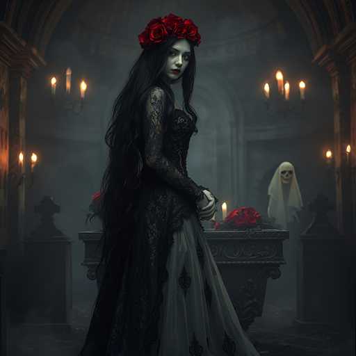 In this eerie and atmospheric image, a woman stands in a dimly lit room that resembles a church or a mausoleum. She is dressed in a long, black lace gown with a white underdress, and her long, dark hair cascades down her back. Her face is painted stark white, with dark red lipstick and black eye makeup, giving her a ghostly appearance. Atop her head, she wears a crown of red roses. The room is adorned with numerous lit candles, casting flickering shadows that enhance the spooky ambiance. In the background, a skeleton draped in a white sheet stands near a table or coffin, adding to the macabre scene. The overall color palette of the image is dominated by shades of black, white, and gray, with the only splash of color being the red roses in her hair and on the table.
