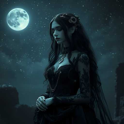 The image depicts a young woman with long, dark hair adorned with an ornate barrette and a large earring. She is dressed in a gothic-style black gown with intricate lace details on the sleeves and chest, and a sheer veil cascading down her back. Her hands are clasped together in front of her, showcasing a ring on her right hand. The woman's head is tilted downward, and she gazes slightly to the left, her lips painted a dark red. The background features a starry night sky with a prominent full moon in the upper left corner, casting a soft glow over the scene. The overall atmosphere is dark and mysterious, with a hint of a rocky landscape in the distance.