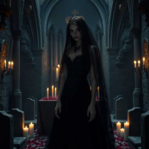In this AI-generated image, a woman stands in the center of a dimly lit, gothic church. She is dressed in an elaborate black gown with sheer sleeves and a veil cascading down her back. Her long, dark hair frames her face, which is adorned with dark lipstick and a serious expression. Around her neck, she wears a black choker. The church's interior is adorned with numerous lit candles, casting flickering shadows across the stone walls and pillars. The floor is scattered with red rose petals, adding to the eerie atmosphere. In the background, a table is visible with more candles and a few headstones, enhancing the church's somber and mysterious ambiance.